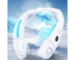 Draagbare nekventilator met grote ijskoelplaat, nekventilator, mobiele airconditioning, stil, 6000 mAh, USB-oplaadbaar, 360° koeling, luchtuitlaat achter, 3 koelstanden voor op reis, kantoor - wit