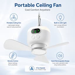 Draagbare Plafondventilator met Licht - Oplaadbare Camping Ventilator met Afstandsbediening - Stille Tentventilator voor Outdoor & Kamperen - Wit — thumbnail 3