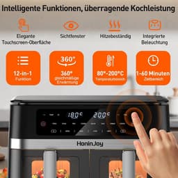 SnelShoppen - Airfryer Dubbele Mand 12L met Beeldvenster, 50 Papieren Liner, 12-in-1 Dubbelzone Airfryer met Digitaal Touchscreen, Sync-Cook Functie v — thumbnail 2