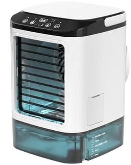persoonlijke koeler met 2 vernevelingsstanden en verlichting in 7 kleuren, 3 snelheden en boost-modus, groot reservoir van 900 ml en ijsvak, verdampingskoeler/ventilator voor slaapkamer, kantoor, bureau en auto. — thumbnail 1
