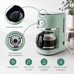 Emerio Retro Koffiezetapparaat - 1.5L - Anti drup - Warmhoudplaatje - Anti slip - Filterkoffie - CME-133280 Groen — thumbnail 3