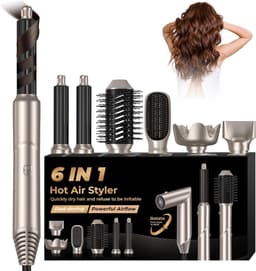 Styler 6-in-1 Air Brush verwarmingsborstel, föhn met diffuser, 6-in-1 blaasborstel, airstyler, haarkruller, stijlborstel, airbrush-set, kapsel, dames, goud — thumbnail 1