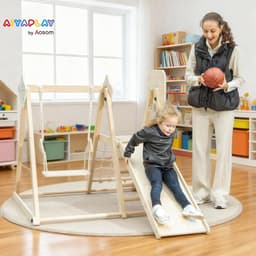 5-in-1 Montessori Indoor Houten Klimdriehoek met Glijbaan, Schommel, Klimnet en -bord, Basketbalring, Opvouwbaar Speelplaats voor Kinderen van 3-6 Jaar, Natuur — thumbnail 4
