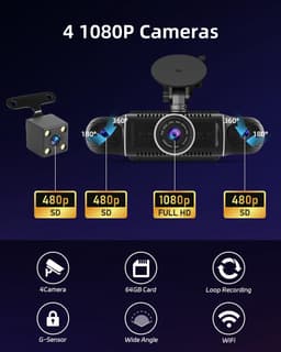SnelShoppen - NHOPEEW 4-kanaals dashcam met 360° zicht - 3 inch 1080p auto dashcam met 4 camera's, loop-opname, G-sensoren, wifi-app, nachtzicht, 24-u — thumbnail 5