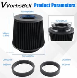 Koude luchtfilter, drie verschillende maten 76 mm/3 inch 89 mm/3,5 "102 mm/4" High Flow Ronde taps toelopende luchtinlaat kegelfilter klem-op luchtfilter compatibel met auto en — thumbnail 3