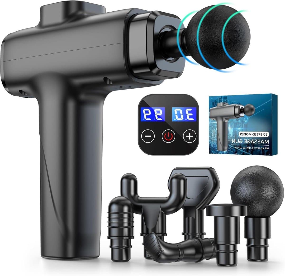 Massagepistool - Spierherstel Tool - Spierontspanning - 30 Snelheden - 6 Opzetstukken - Zwart — afbeelding 1