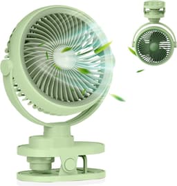 LISM - USB oplaadbare clipventilator, 5 snelheden, 360° draaibaar, omkeerbaar, krasbestendig, compacte clip, Geschikt voor kinderwagens/auto's/kantoor, miniventilator met nachtlampje – ideaal zomercadeau (groen) — thumbnail 1