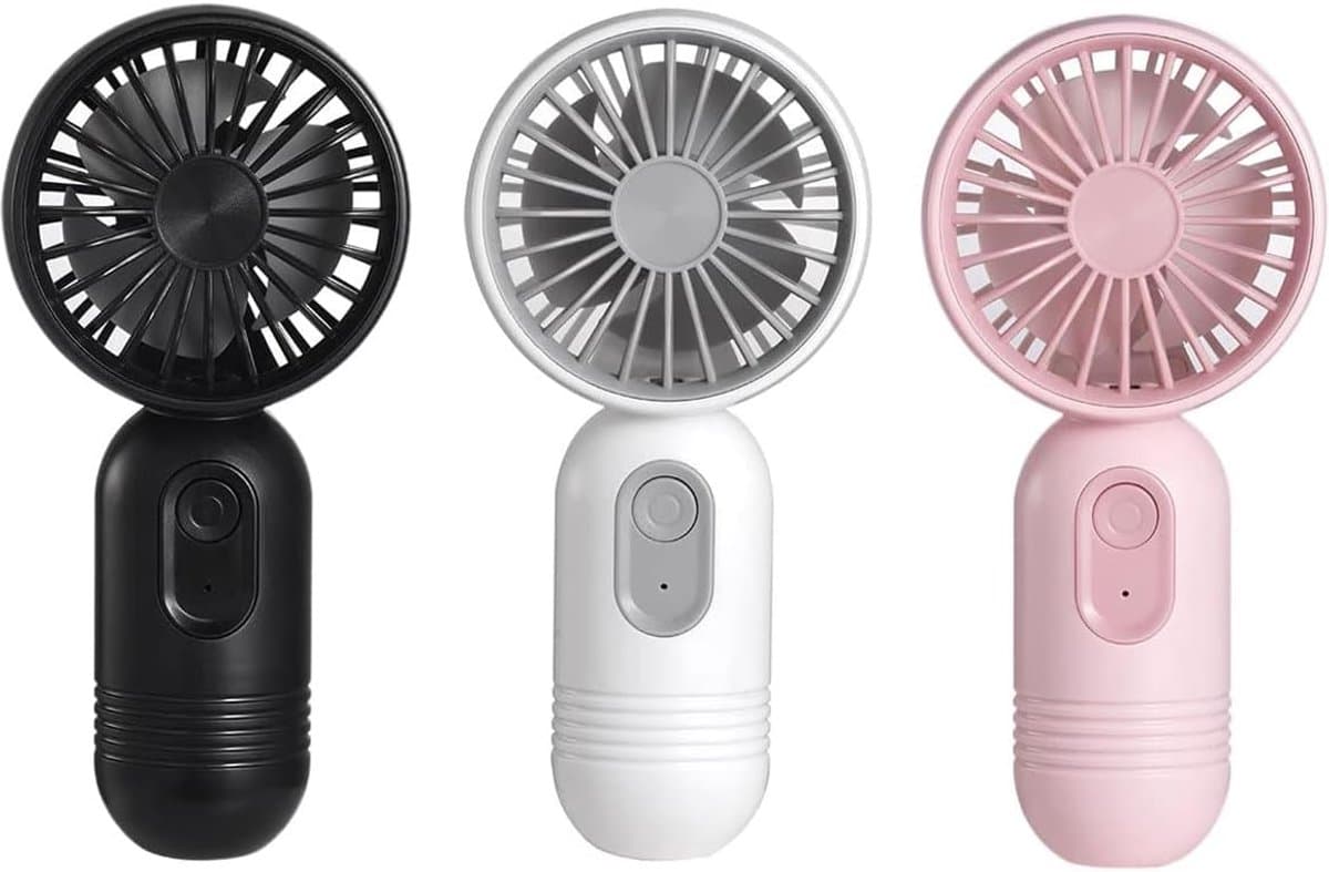 Driedelige set - Handventilator - Drie windsnelheden - Gemakkelijk vast te houden of in een tas te stoppen - Oplaadbaar via USB of batterij - Stille werking - Perfect voor op reis, kamperen of buitenactiviteiten - Verkrijgbaar in roze, wit en zwart — afbeelding 1