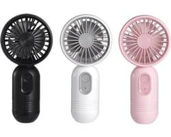 Driedelige set - Handventilator - Drie windsnelheden - Gemakkelijk vast te houden of in een tas te stoppen - Oplaadbaar via USB of batterij - Stille werking - Perfect voor op reis, kamperen of buitenactiviteiten - Verkrijgbaar in roze, wit en zwart