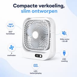 VHV - Bureauventilator - Oplaadbare mini ventilator met LED-display - 3 standen en 360° draaibaar - Wit — thumbnail 2