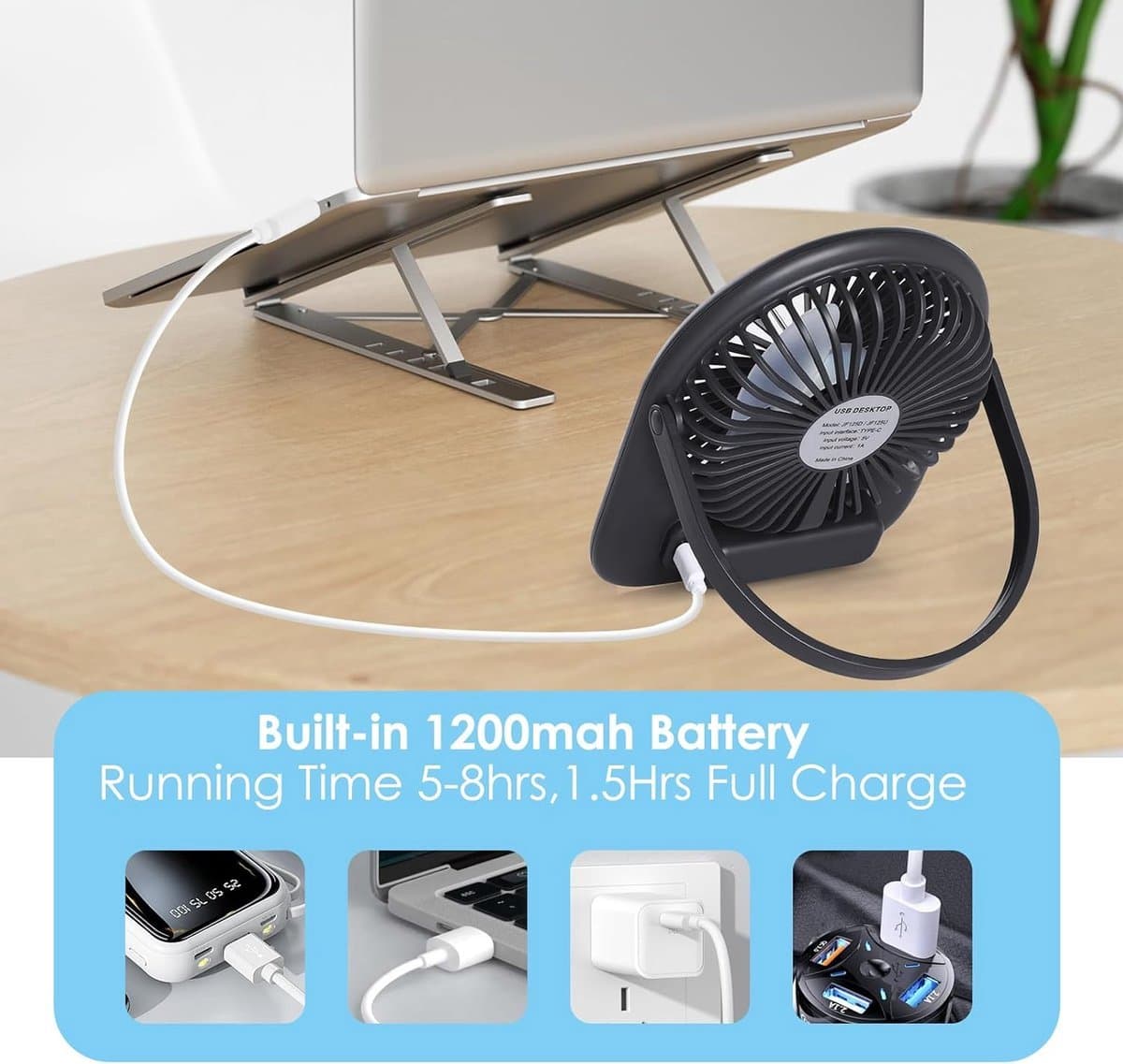 Solvix tafel ventilator geluidloos - Draagbare Tafelventilator - Donkergroen - Oplaadbare 1200mAh Batterij - 5 Snelheden - Voor Kantoor, Thuis en Kamperen — afbeelding 1
