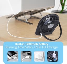 Solvix tafel ventilator geluidloos - Draagbare Tafelventilator - Donkergroen - Oplaadbare 1200mAh Batterij - 5 Snelheden - Voor Kantoor, Thuis en Kamperen — thumbnail 1