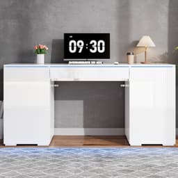 VVBV Bureau 140x50x78 cm - LED-Verlichting, Hoogglans, 2 Deuren, Opbergruimte - Wit, Spaanplaat — thumbnail 1