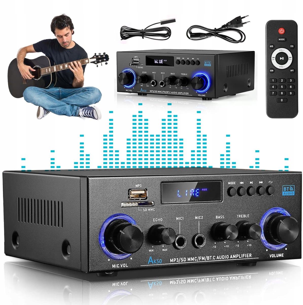Bluetooth Versterker - HiFi Stereo Versterker - Mini Audioversterker - 2.0 Kanaals - 50W+50W - USB/SD - FM Radio - Microfooningang - Afstandsbediening - Bas & Treble Instelbaar - Voor Karaoke & Home Cinema — afbeelding 1