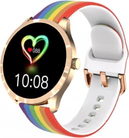 Belesy® BQSiRgRb PLUS - Smartwatch Dames – Smartwatch Heren - Horloge - 1.28 inch - Kleurenscherm - Stappenteller - Bloeddruk - Hartslag - 75+ Wijzerplaten – Sporten – Rose Goud – Milanees staal - Siliconen - Regenboog - Kerstcadeau — thumbnail 2