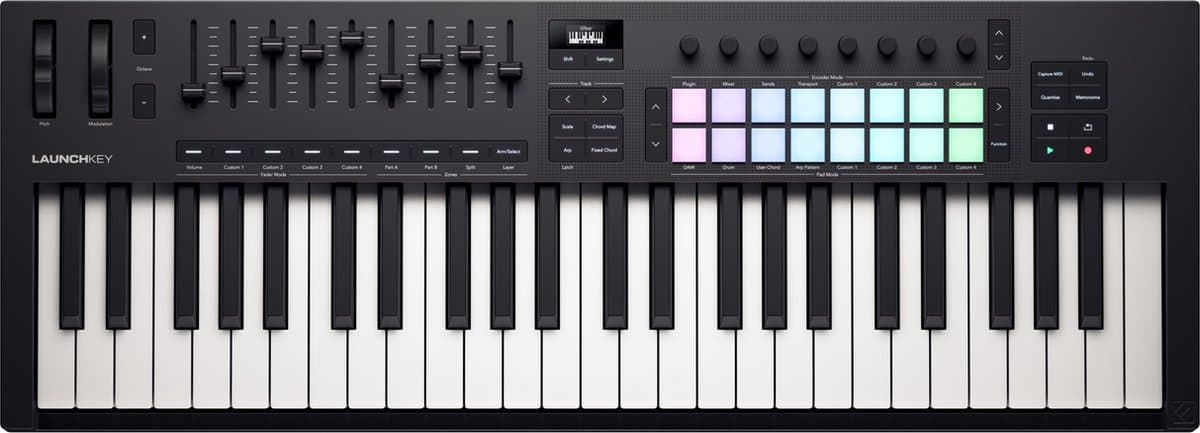 Novation Launchkey 49 MK4 - MIDI Keyboard Controller - 49 Semi-Gewogen Toetsen - 16 FSR Pads - 9 Faders - OLED Display - USB-C — afbeelding 1