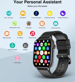 SAMTECH Smartwatch - Heren & Dames – horloge – met HD Touchscreen - Stappenteller, Calorie Teller, Slaap meter – Geschikt voor iOS, Android en meer - Zwart — thumbnail 2