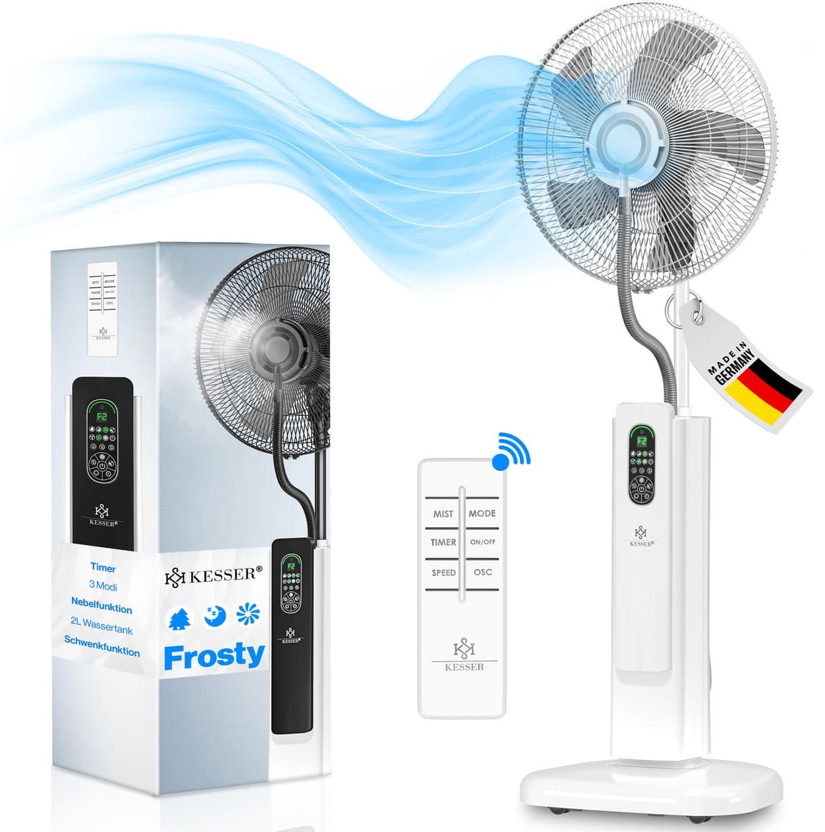 KESSER® Statiefventilator Frosty met Water Ultrasone Verneveling Koeling - Staande Ventilator inclusief Afstandsbediening en Timerfunctie - Wit — afbeelding 1