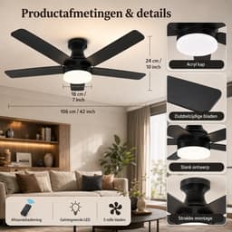 MUPOO Modern Plafondventilator met Lamp Walnoot Omkeerbare bladen 106 cm-Afstandsbediening & App Bediening-Stille DC Motor-Dimbare LED &6 Snelheden-Zomer &Winterstand-plafonniere met ventilator Voor Slaapkamer/Woonkamer-Multiplex bladen — thumbnail 5