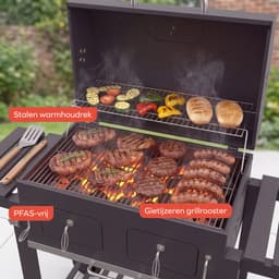 KitchenBrothers Houtskool BBQ XL - Dual Zone Smoker Barbecue - Met Verstelbare Kolenroosters & Inklapbare Zijtafels - PFAS-vrij - 42,3x75,8cm Grilloppervlak - Vaderdag Cadeau - Zwart — thumbnail 4