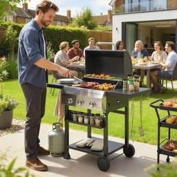 Gasbarbecue - Gasbarbecue en grill - 3 Branders - 9 kW - Grillwagen - Barbecuewagen - met Grillrooster, Wielen, Inklapbaar Bijzettafels, Thermometer, Onderste Plank, 6 Haken en Warmhoudplaten - 123 x 57 x 102 cm - Zwart — thumbnail 4