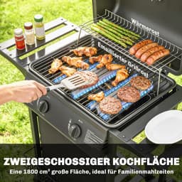 Gasbarbecue - Gasbarbecue en grill - 2 Branders - 5 kW - Grillwagen - Barbecuewagen - met Grillrooster, Wielen, Bijzettafels, Thermometer, Opvangbak en Warmhoudplaten - 99 x 56 x 95 cm - Zwart — thumbnail 5