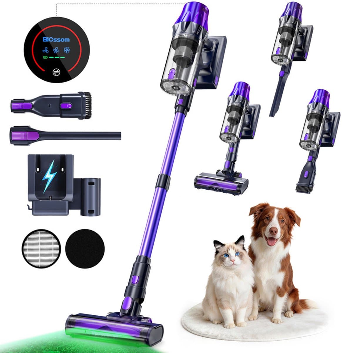 BLOSSOM Steelstofzuiger Draadloos - 650W - Kruimeldief - 55kPa Zuigkracht - Tot 65 Min Accuduur - Groene Laser - HEPA Filter - zonder zak - Paars — afbeelding 1