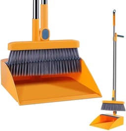Stoffer en blik - Veegset - Huishoudelijk schoonmaken - 180 graden roterend - Lange steel - Geel — thumbnail 1