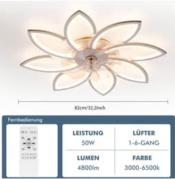 8 Bloem Ventilator Lamp - RGB 12 Kleuren - Moderne Plafondlamp Ventilator - 6 Standen - Wit - Dimbaar - Plafondventilator — thumbnail 5