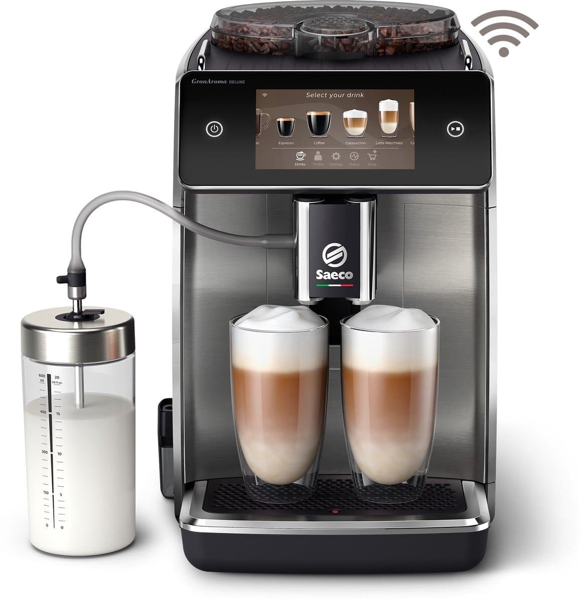 Saeco GranAroma Deluxe - Espressomachine - 18 Dranken met melksysteem - Groot scherm - Slim & verbonden - Volautomatisch - Koffiemachine met bonen + AquaClean filter - Metaal/Zwart (SM6685/00) — afbeelding 1