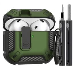 Groen hoesje voor oordopjes met cleaning kit – robuuste shockproof beschermhoes geschikt voor AirPods 4 met clip en carbon look details — thumbnail 1