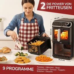 Heteluchtfriteuse Dubbele Kamer - Dubbele Airfryer - Gezond Koken - Dubbele Zone Functie - 11 Liter - Zwart — thumbnail 4