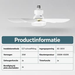 Pelor Plafondventilator met Verlichting E27 - LED Ventilatorlamp met Afstandsbediening - 3 Snelheden - 42 Inch - Wit — thumbnail 5