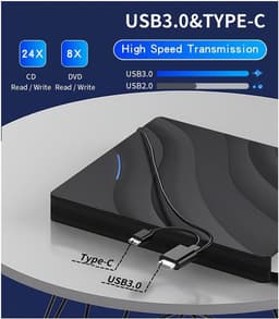 Externe DVD Brander - CD Writer Reader - Data Archiveren - USB 3.0 Type-C - 8x Snelheid - Zwart — thumbnail 4