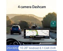 Dashcam voor Auto - 10.26” Touchscreen Dashcam - 4 Camera’s - 4G Android 8.1 - 360° Panorama - GPS & ADAS - Parkeermodus - Zwart