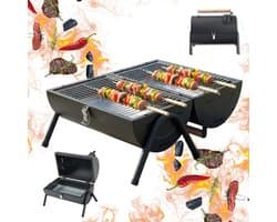 KINGHoff Grill - Draagbare Houtskoolbarbecue Grill - Camping BBQ met Deksel - Opvouwbare Tafelgrill - Reis BBQ met Ventilatie - Compacte Barbecue voor Balkon & Camping - Gepoedercoat Staal - ca. 41 x 25 x 38 cm - Zwart