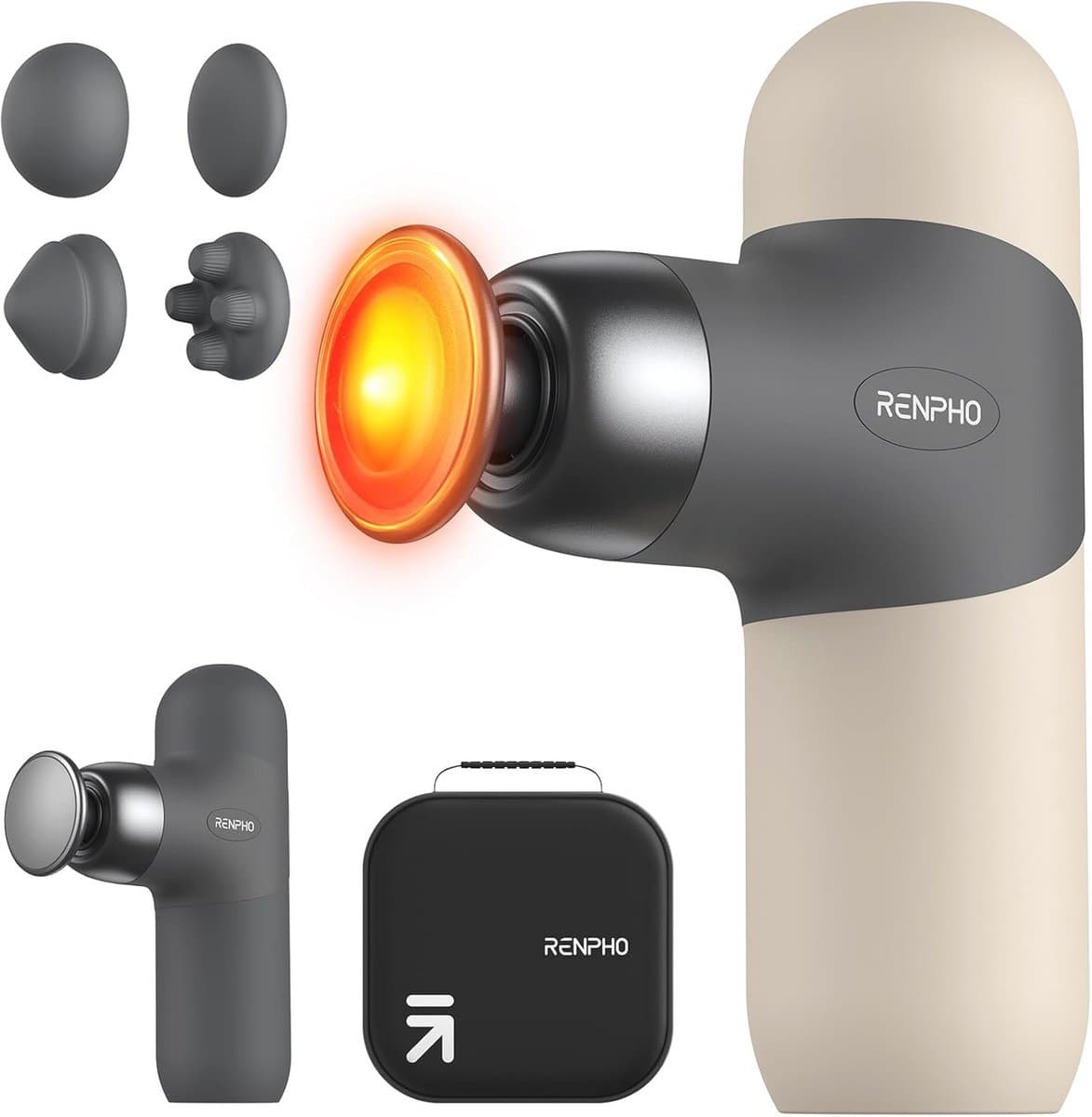Mini massagepistool met warmte voor diepe weefselmassages - Draagbare percussiemassager met 4 intensiteiten en 4 hoofden — afbeelding 1