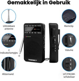 Transnect® - Draagbare Noodradio - Zwart - AM/FM - Op Batterijen - Koptelefoonaansluiting - Draagbare Radio - Wereldradio - Noodpakket Must Have - Zakradio - Voor Rampen - Kleine - Transistor Radio - Telescopische Antenne — thumbnail 2
