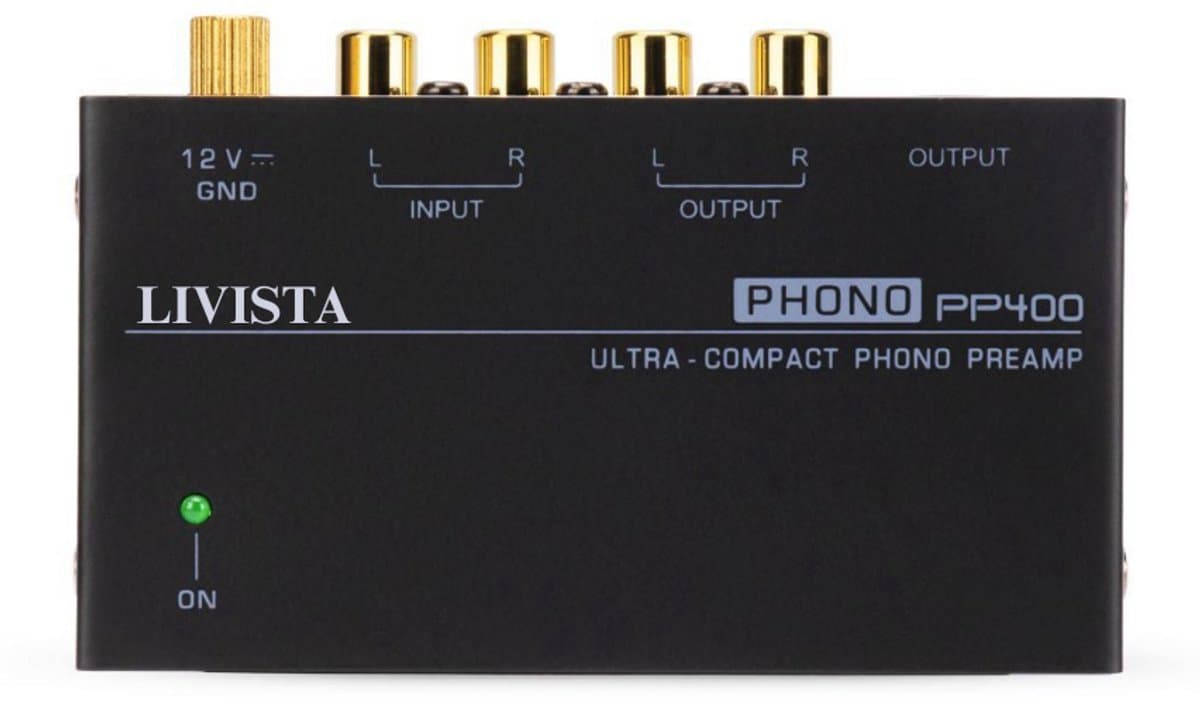 Livista premium platenvoorversterker – geschikt voor platenspelers – met RIAA-correctie – RCA audio-in- en uitgang – metalen behuizing – zwart — afbeelding 1