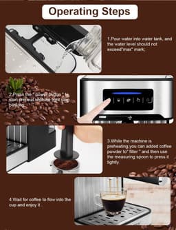 Rumi Espresso Koffiezetapparaat - koffieapparaat met bonen - koffieapparaat met LCD Touch - Halfautomatische - Expressomachine met Pomp Cappuccino - koffieapparaat met Waterreservoir - koffie Reinigingsaccessoires - Expessomachine - — thumbnail 2