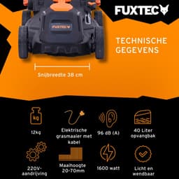 FUXTEC Grasmaaier Elektrisch met Kabel FX-RME38 - 38cm met 40L Grasopvangbak - slechts 12kg - Maaihoogte 20-70mm - 1600Watt & 220V — thumbnail 5
