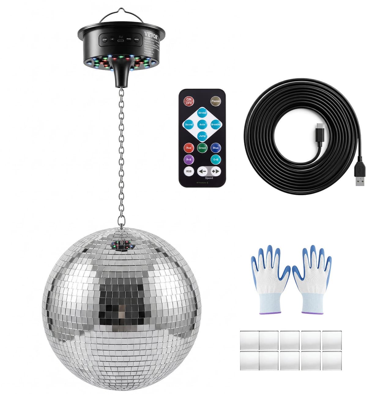 VEVOR Discobal met Spiegelende Lichteffecten, 300 mm, met Motor, Afstandsbediening, voor Feesten, Huisdecoratie,DJ's en Dansclubs. RGB-Verlichting Plus 3 Gemengde Kleuren. 0/3/6/9/12/15 Toeren per Minuut. Werkt op USB-Aansluiting en Batterijen — afbeelding 1