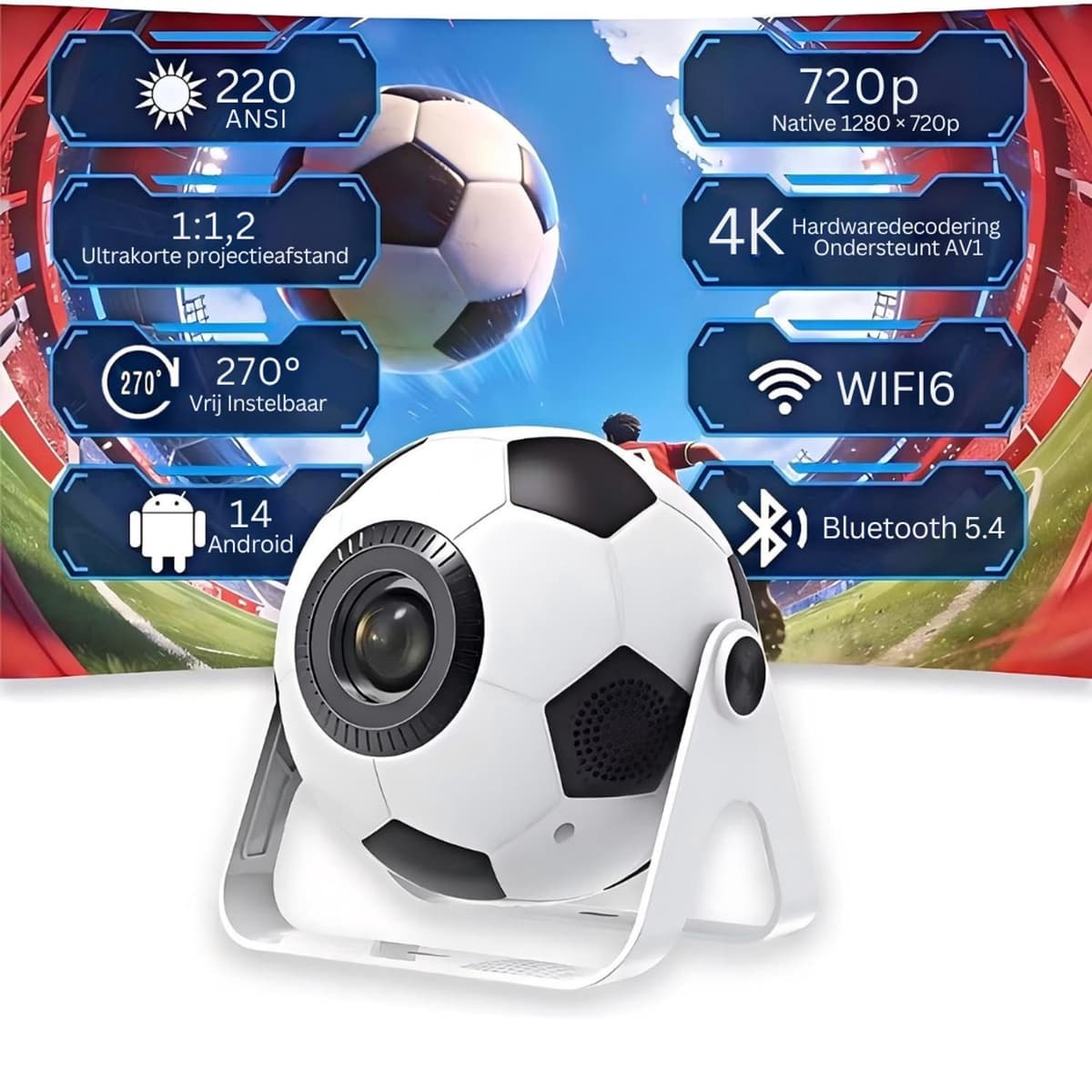 SNJY® Mini Beamer - Mini Projector - Beamer Full HD - 1080P HD - 270° Rotatie - Voetbal - Wit — afbeelding 1