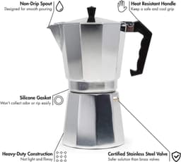 Mokapot - Waterreservoir 450 ml - Gegoten Aluminium - Zilver - Voor Gas, Elektrische en Keramische Kookplaten - Niet voor Inductie — thumbnail 2