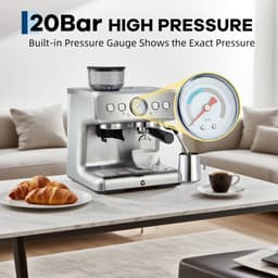 Espressomachine RVS met Bonenmaler - 42x40x48cm - Koffiemachine - 20 Bar Druk - 1400W - Afneembare 2.8L Watertank - met Stoompijp - Voor Thuis En Kantoor - Zilver — thumbnail 2