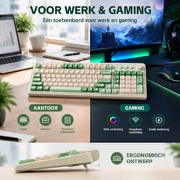 AULA S99 Gaming toetsenbord-draadloos computer toetsenbord- Driemodus Bluetooth/2,4GHz/USB‑C-groen‑crème toetsenbord met nummerblok-99 toetsen-RGB-programmeerbaar-romige siliconen structuur — thumbnail 5