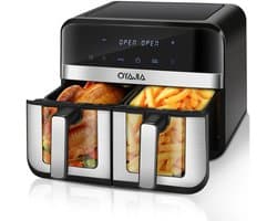 Airfryer met Dubbele Mand 9L – 2x 4,5L Dual Zone Heteluchtfriteuse – Onafhankelijke Bediening – Digitaal Touchscreen – Kijkvenster – 8 Kookprogramma’s – Zwart
