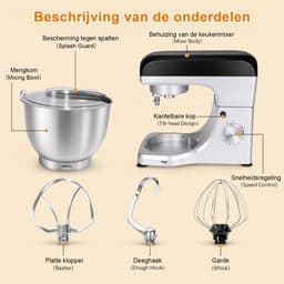 KITYTETY Keukenmixer 1000W - 5L Mengkom - 8 Snelheden - Pulse functie - Keukenmachine - Keukenrobot - Drie Opzetstukken - Zilver — thumbnail 3