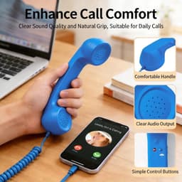 Retro Telefoonhoorn - Geschikt voor iPhone & Android - USB-C Bedrade Telefoonhoorn met Microfoon - Vintage Handset voor Bellen, Videogesprekken, Vergaderingen & Online Conferenties - Blauw — thumbnail 4