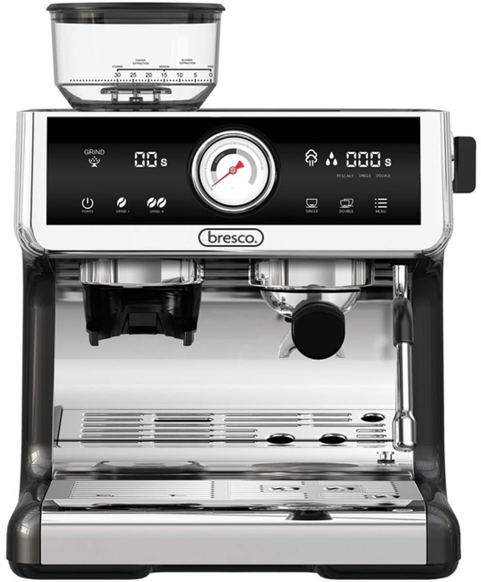 Bresco® Barista Espressomachine – Pistonmachine met Koffiemolen – RVS Koffiemachine melkopschuimer – Bonenmaler – Brushed Stainless Steel — afbeelding 1